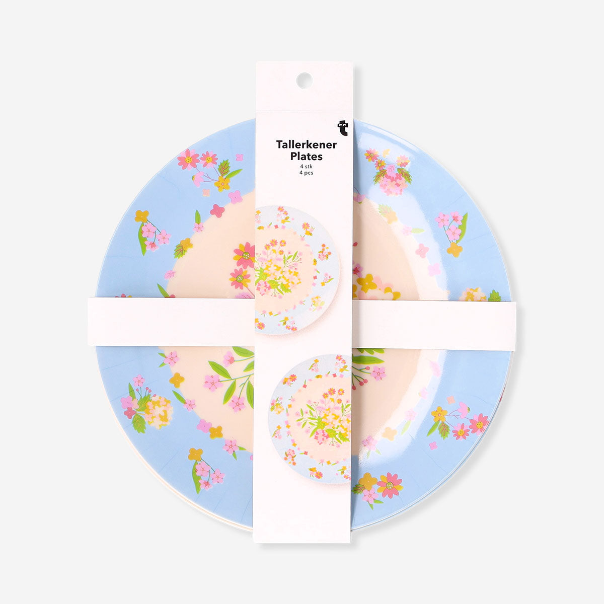 Set of four reusable floral party plates by Flying Tiger Copenhagen, colorful and eco-friendly for celebrations.