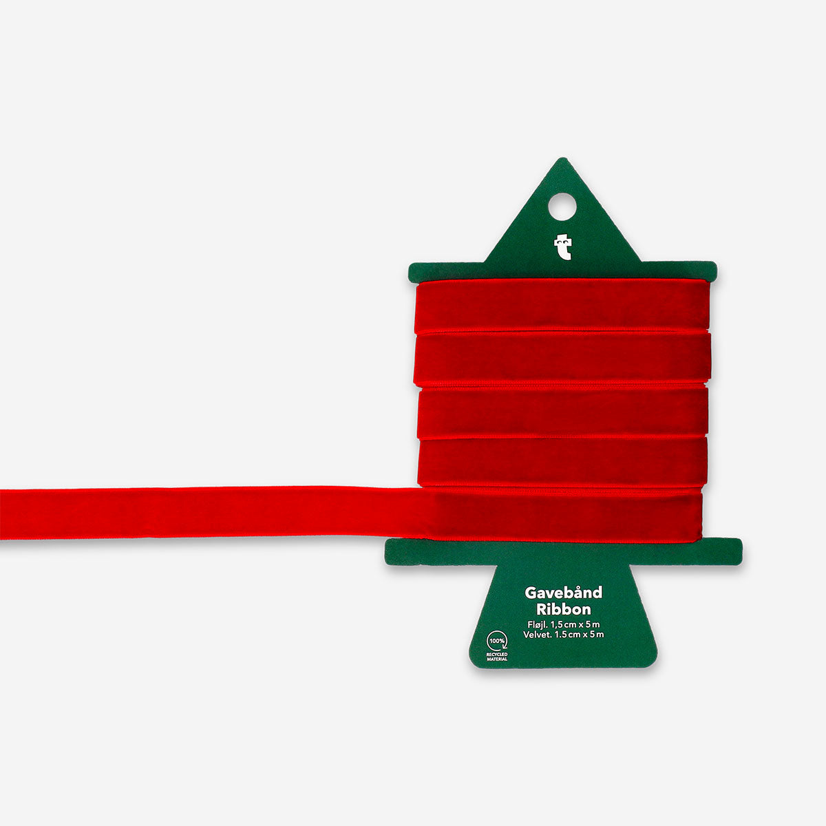 Red velvet ribbon from Flying Tiger Copenhagen, 5 meters long, suitable for gift wrapping and decorative office projects.