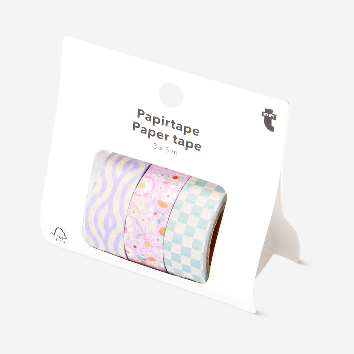 Three rolls of colorful paper tape for crafts and hobbies by Flying Tiger Copenhagen, displayed on a plain background.