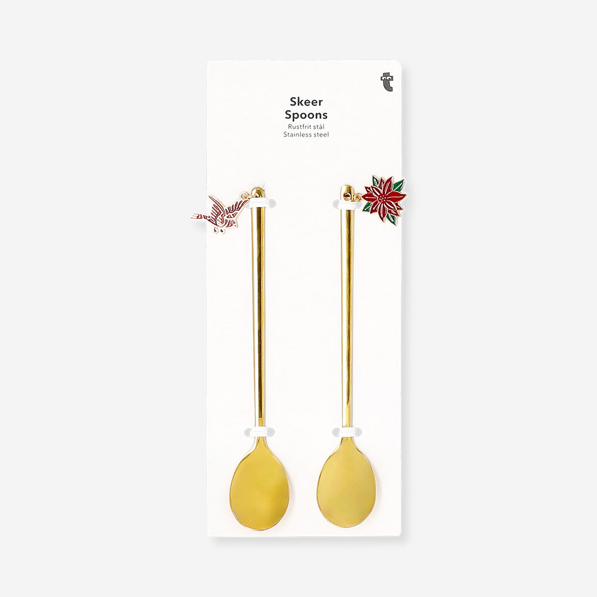 Set of two gold kitchen spoons with Christmas bird and poinsettia decorations by Flying Tiger Copenhagen.