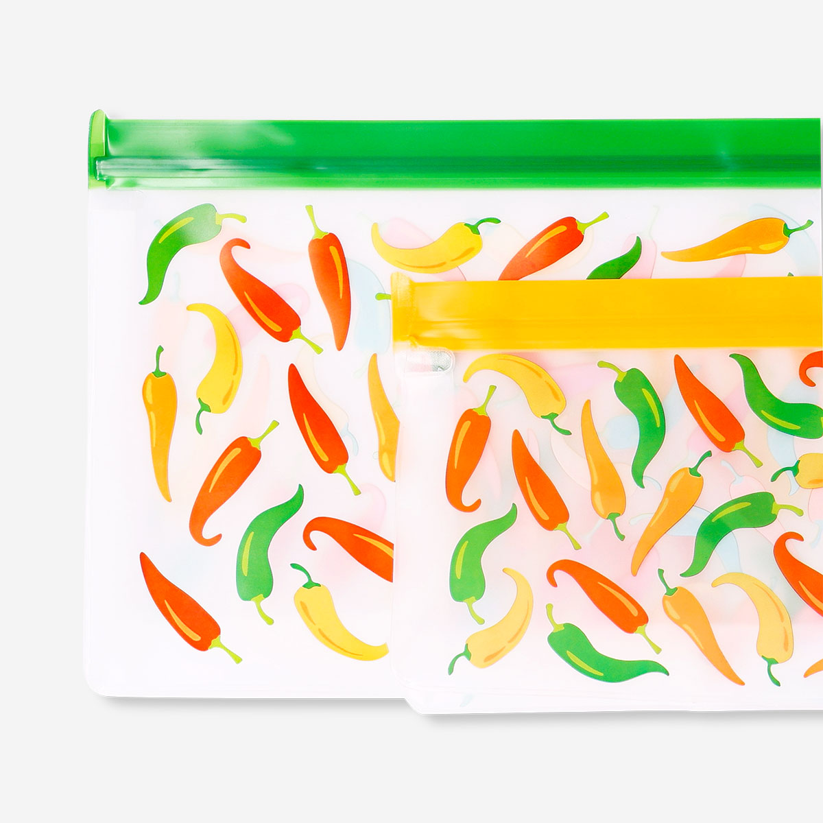Two reusable kitchen grip seal bags with chilli print from Flying Tiger Copenhagen, ideal for food storage and freshness.