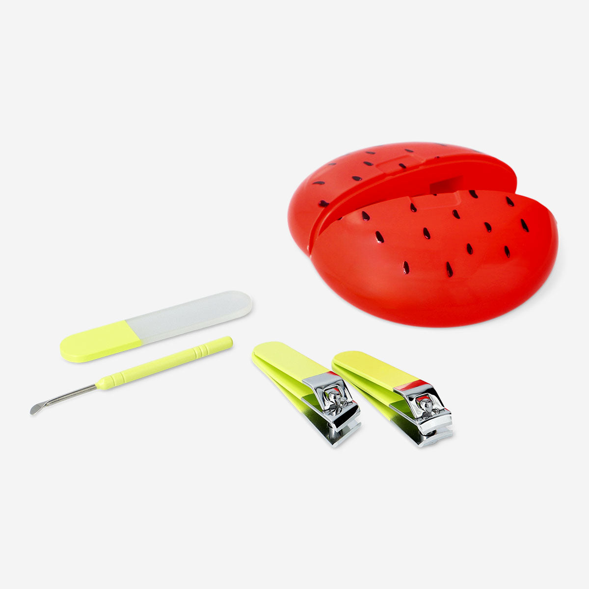 Flying Tiger Copenhagen watermelon manicure and pedicure set with four personal care tools, featuring colorful watermelon design.