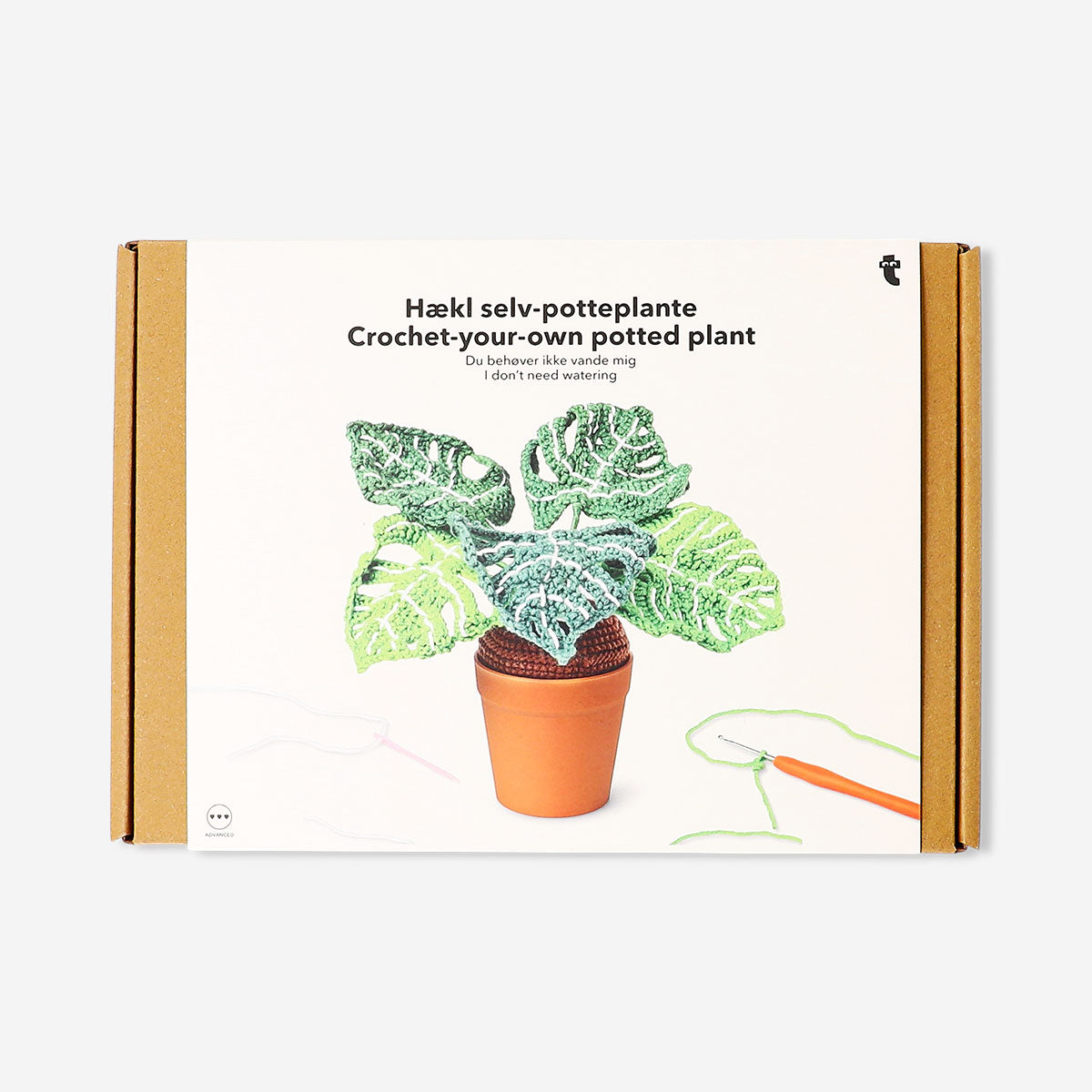 DIY crochet Monstera plant hobby kit by Flying Tiger Copenhagen, featuring a green crochet Monstera leaf plant.