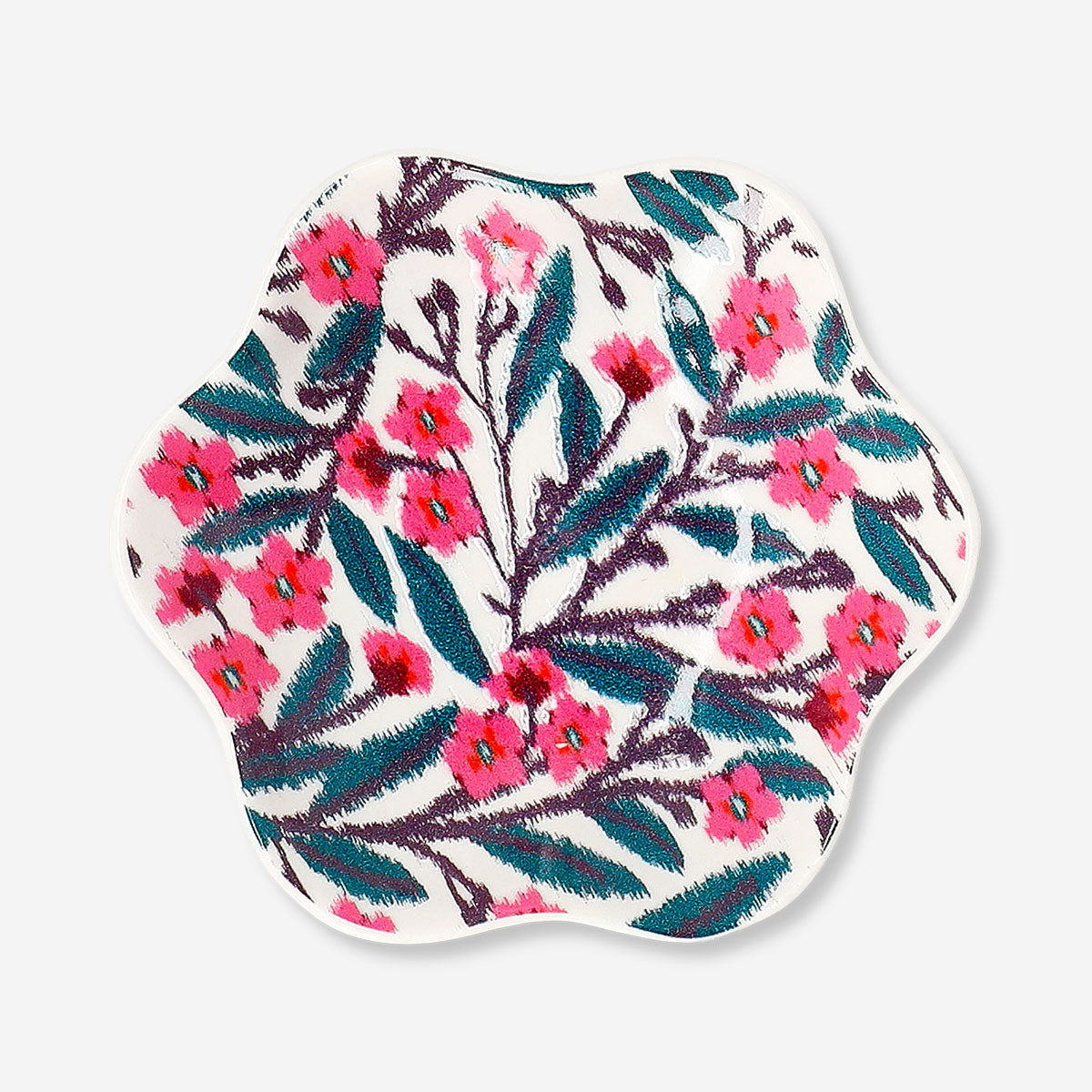 Flower dish from Flying Tiger Copenhagen, 11 cm ceramic home decor plate with a floral design on white background.