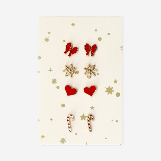 Christmas stud earrings set in red - 4 pcs