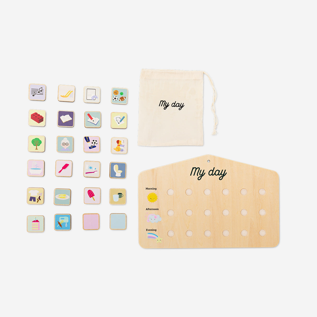 Wooden chore chart toy by Flying Tiger Copenhagen with colorful labels and spaces for organizing children's daily tasks.