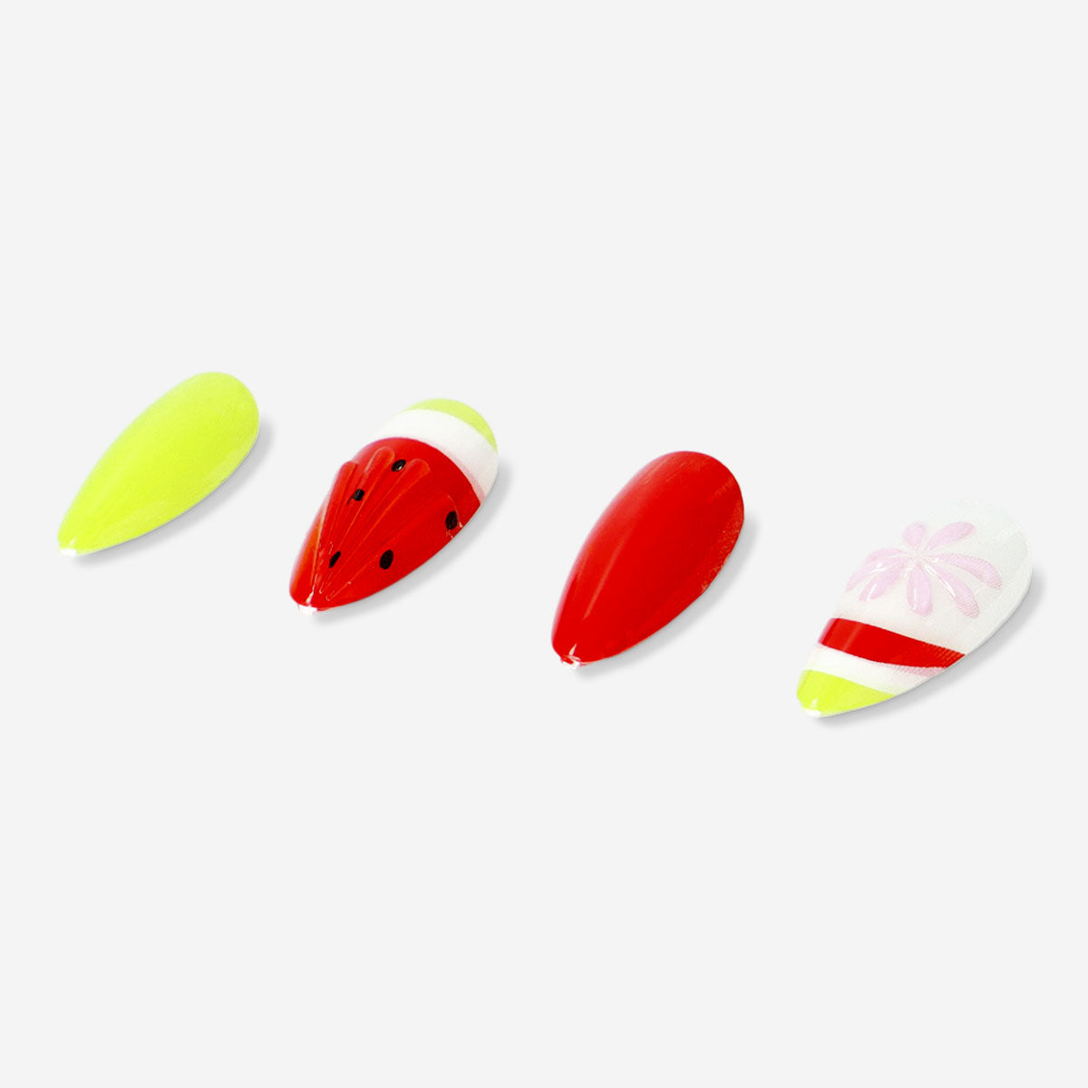 Flying Tiger Copenhagen watermelong-themed press-on nails with vibrant red and green watermelon design for personal care.