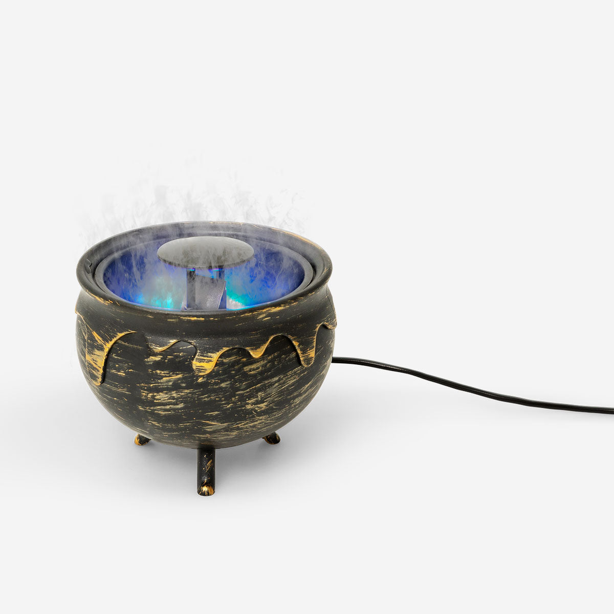 Flying Tiger Copenhagen fog machine shaped like a cauldron with color-changing lights, 12 cm gadget for spooky effects.
