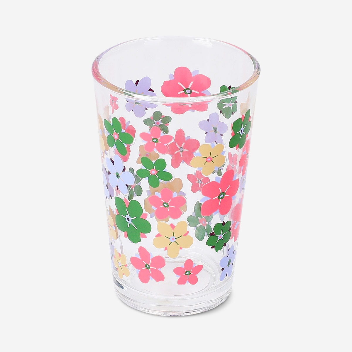 Flying Tiger Copenhagen 220 ml drinking glass with colorful floral design, perfect for kitchen use and everyday beverages.