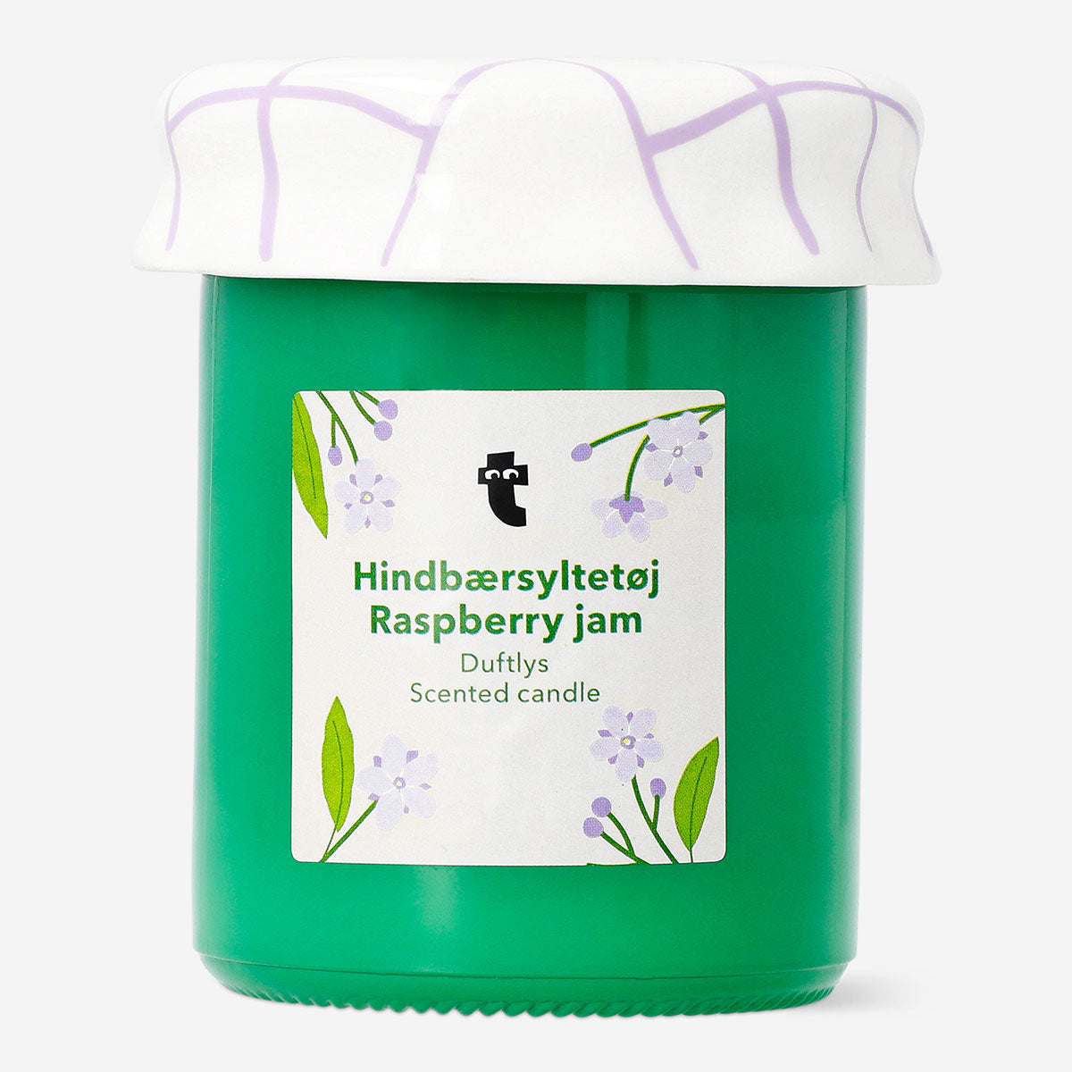 Raspberry jam scented candle shaped like a jam jar from Flying Tiger Copenhagen, home decor item with a cozy, fruity fragrance.