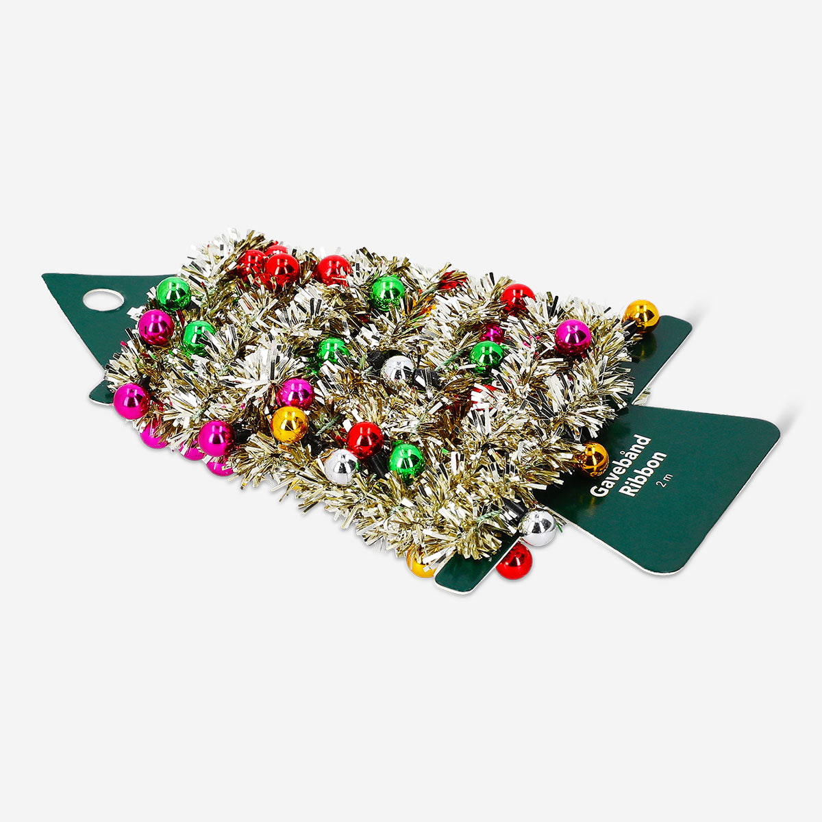 Gold tinsel ribbon from Flying Tiger Copenhagen, 2 meters long, shown twisted and shimmering with a festive metallic finish.