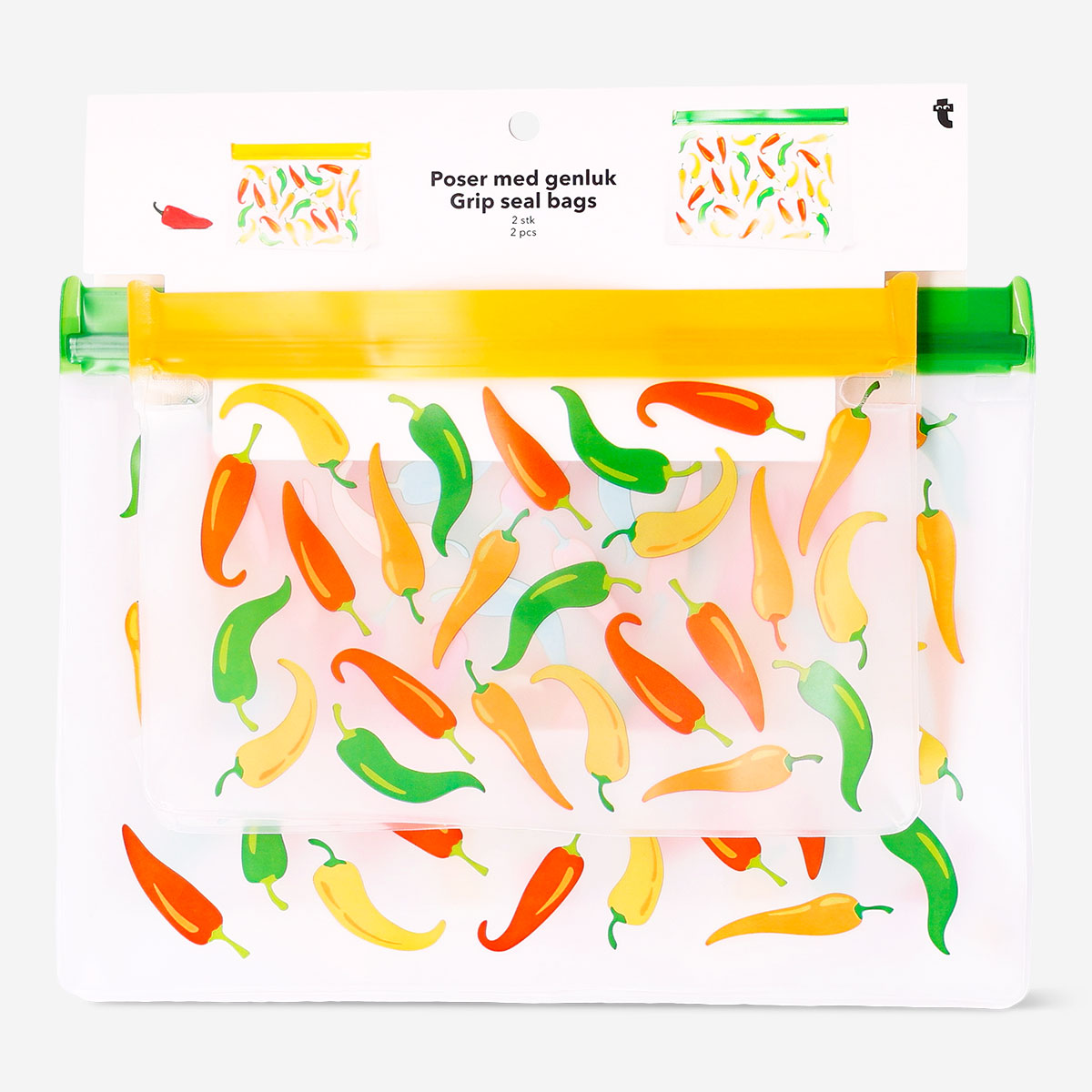 Two reusable kitchen grip seal bags with red chili print from Flying Tiger Copenhagen, featuring secure sealing and vibrant design.