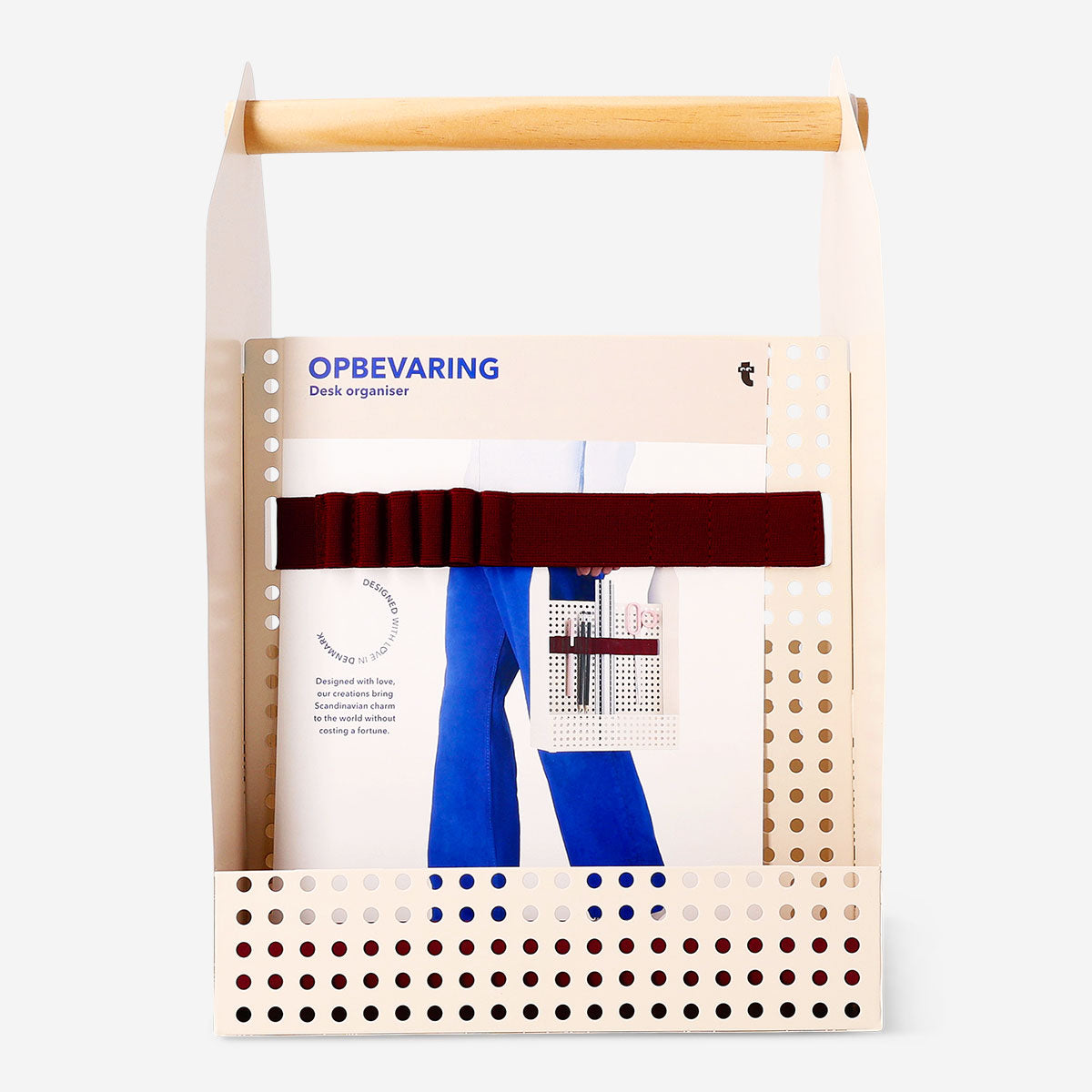 Metal desk organiser with handle for office use, by Flying Tiger Copenhagen, featuring compartments for stationery and supplies.