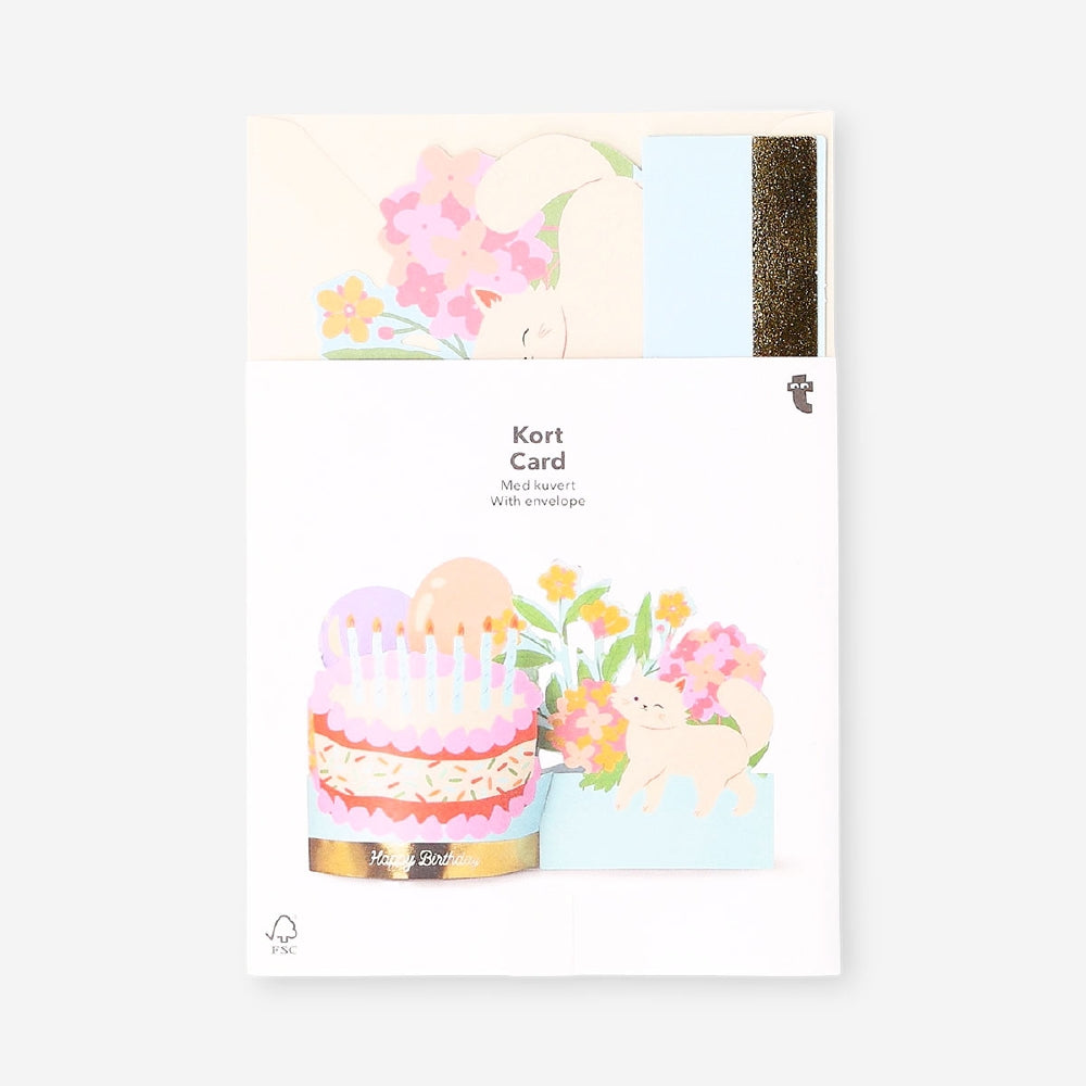 Office birthday card featuring colorful cake, balloons, and flowers from Flying Tiger Copenhagen.