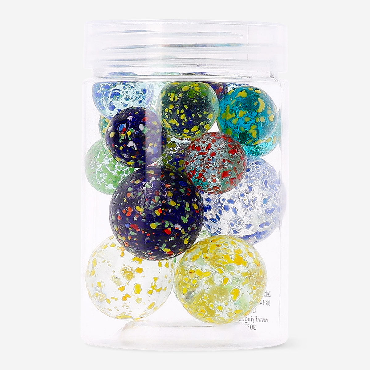 Colorful glass marbles in a box, toy from Flying Tiger Copenhagen, featuring shiny, smooth spherical glass marbles for play and collection.