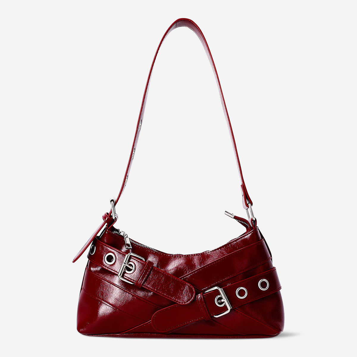 Red textile shoulder bag with buckle details from Flying Tiger Copenhagen, featuring a stylish and functional design.
