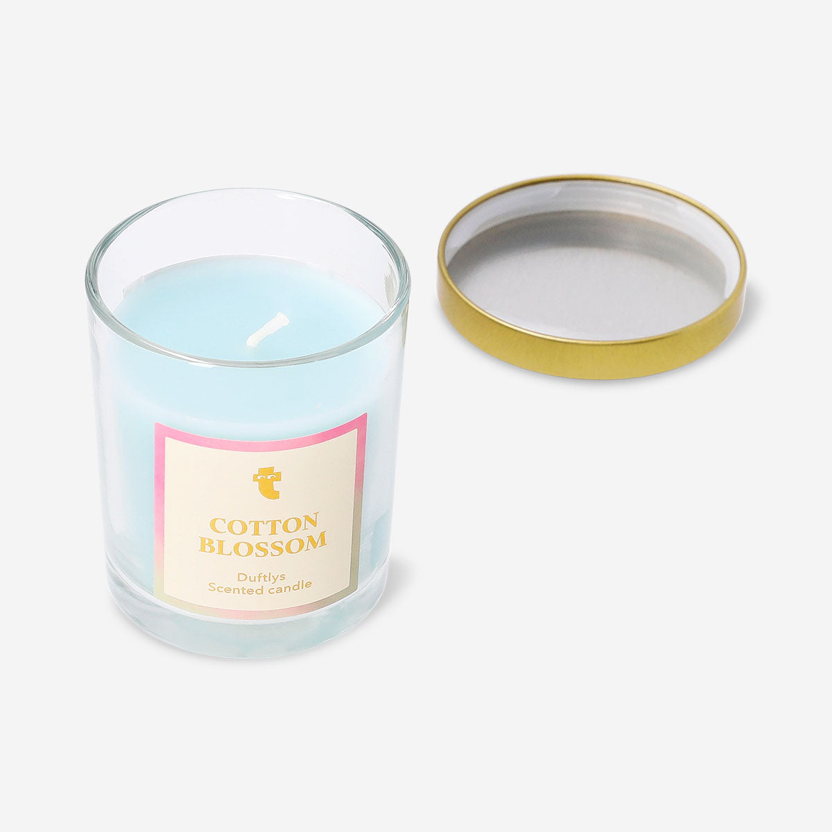 Flying Tiger Copenhagen scented candle with cotton blossom fragrance, showing a decorative home candle in a glass jar.