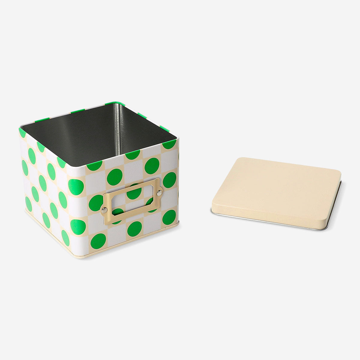 Square cake tin with green dots from Flying Tiger Copenhagen, 12x12 cm, ideal for baking and cake preparation.
