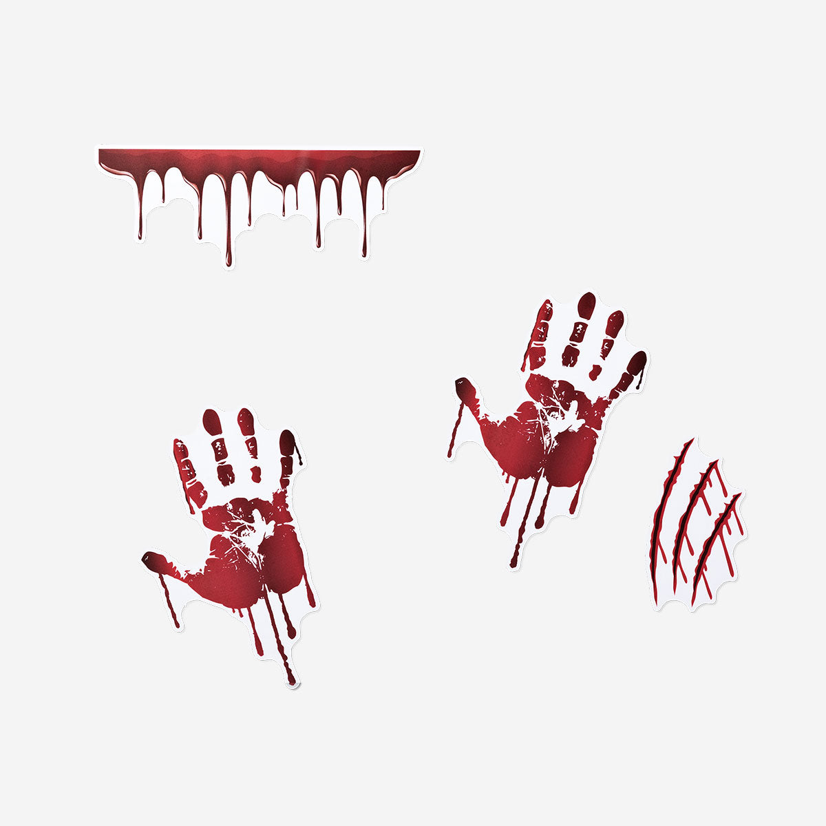 Six blood stain window decorations for party decor by Flying Tiger Copenhagen, featuring realistic blood splatter designs.