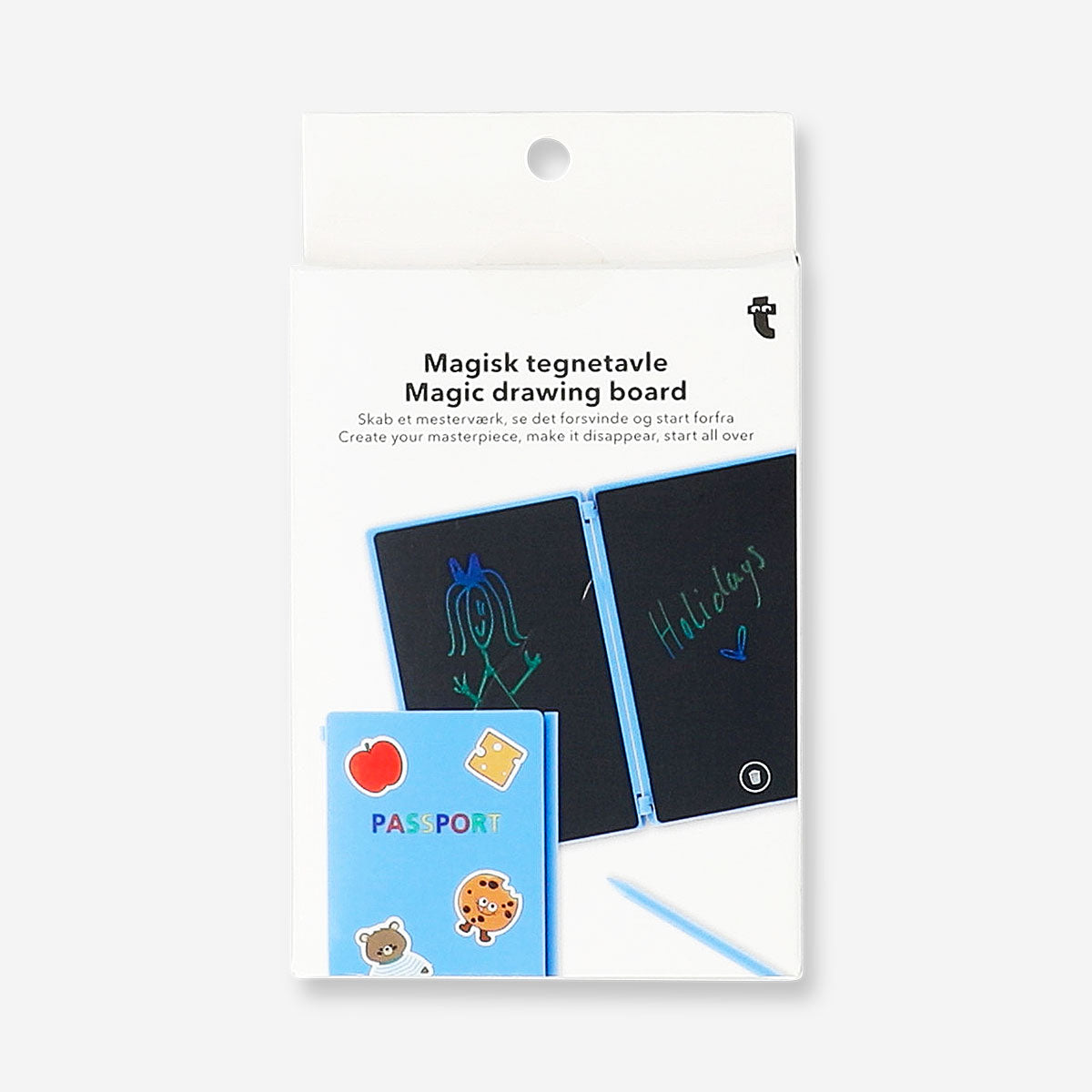 Flying Tiger Copenhagen magic drawing board gadget resembling a passport with colorful drawing surface and playful design.