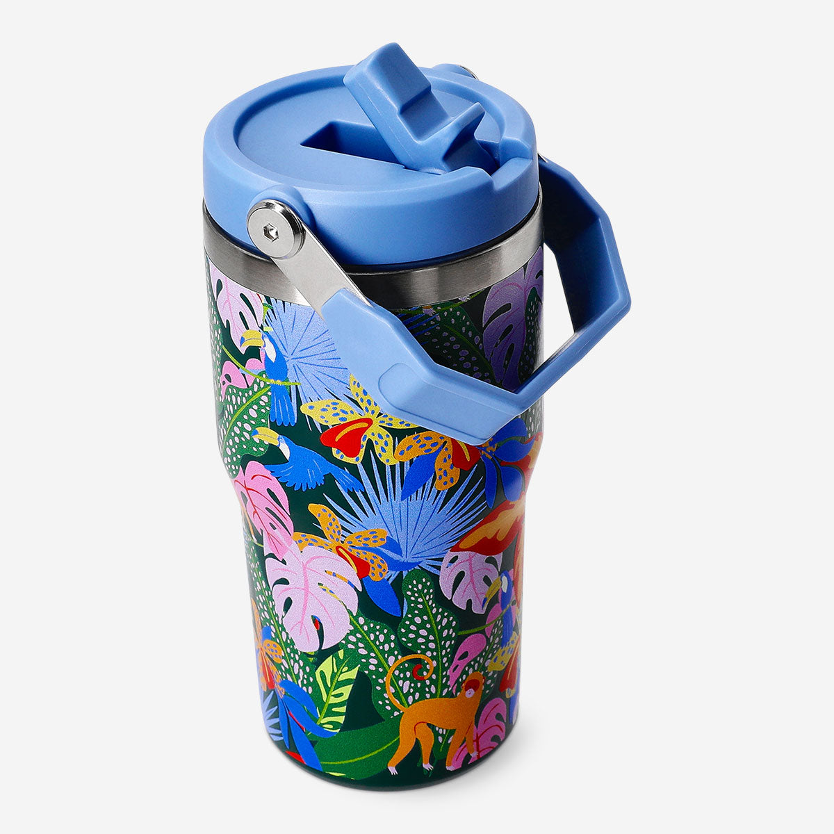 600ml Jungle print tumbler with lid and straw from Flying Tiger Copenhagen, featuring vibrant jungle-themed design.