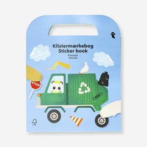 Flying Tiger Copenhagen activity book with colorful car stickers for kids, featuring fun vehicle-themed illustrations.