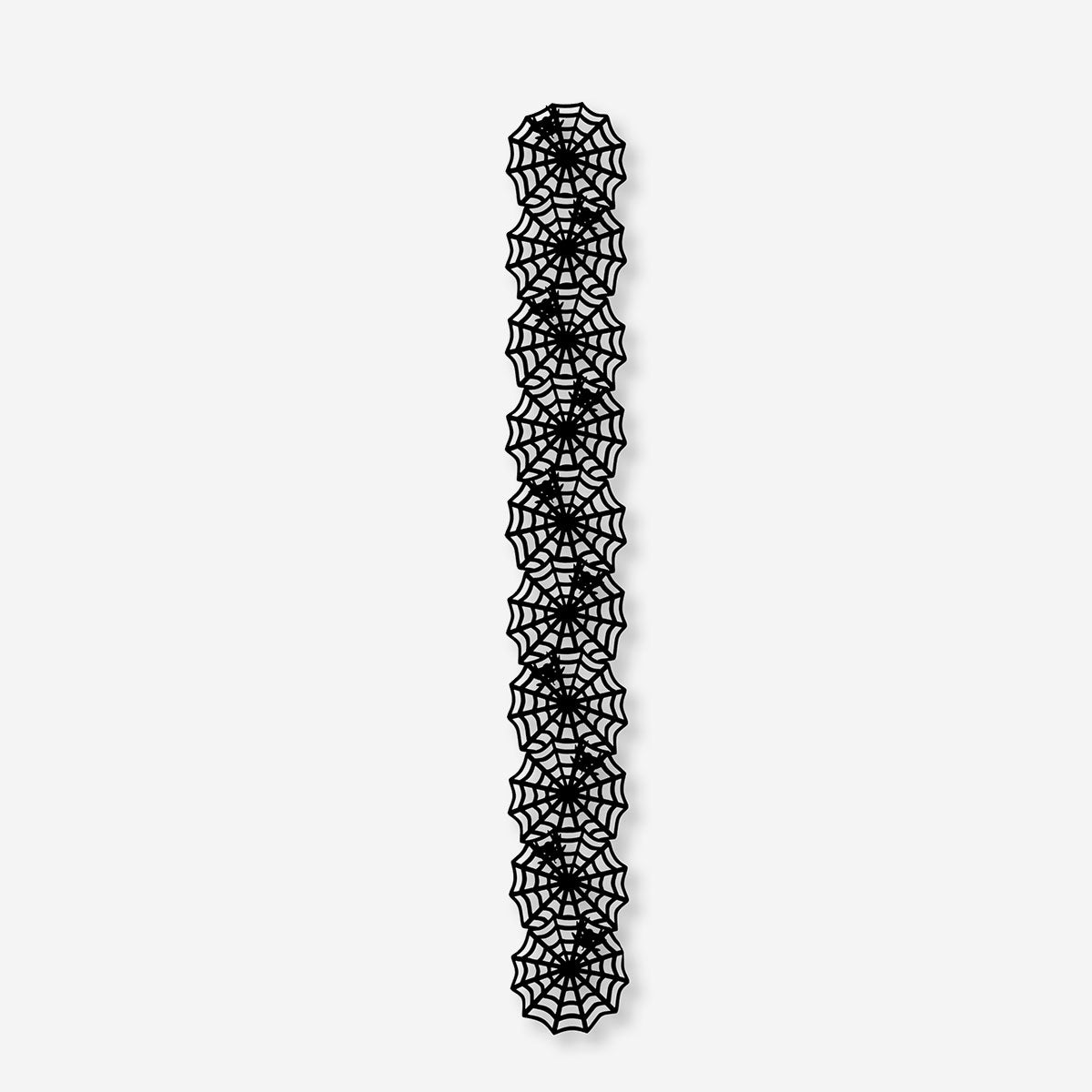 Black spiderweb party tablecloth with 23x180 cm size, featuring a spooky web design for Halloween or themed events.