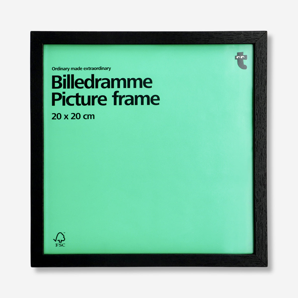 Black wood picture frame measuring 20x20 cm, designed for home decor, by Flying Tiger Copenhagen, shown with a photo inside.
