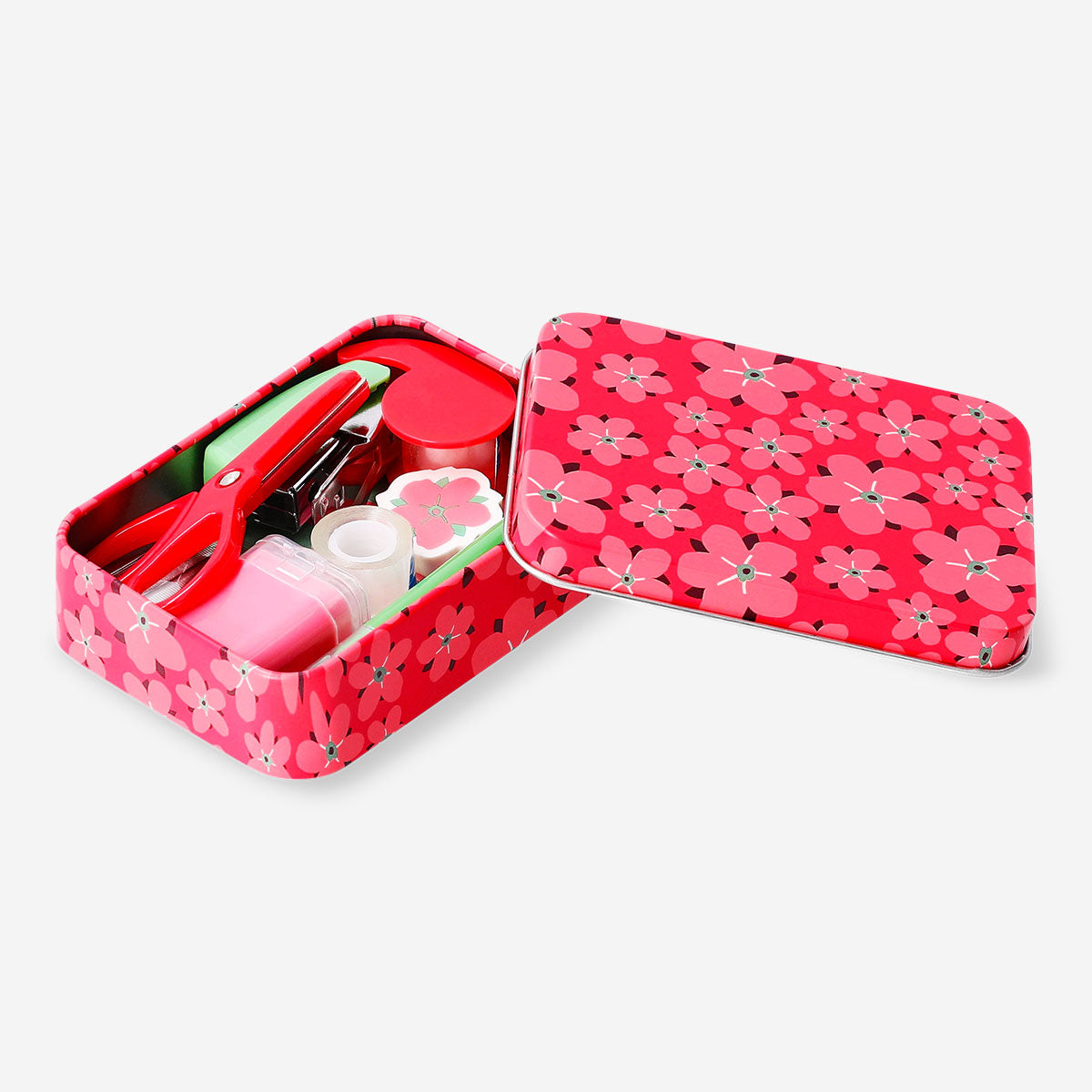 Red floral office stationery kit from Flying Tiger Copenhagen with pens, notepads, and office supplies in a decorative box.