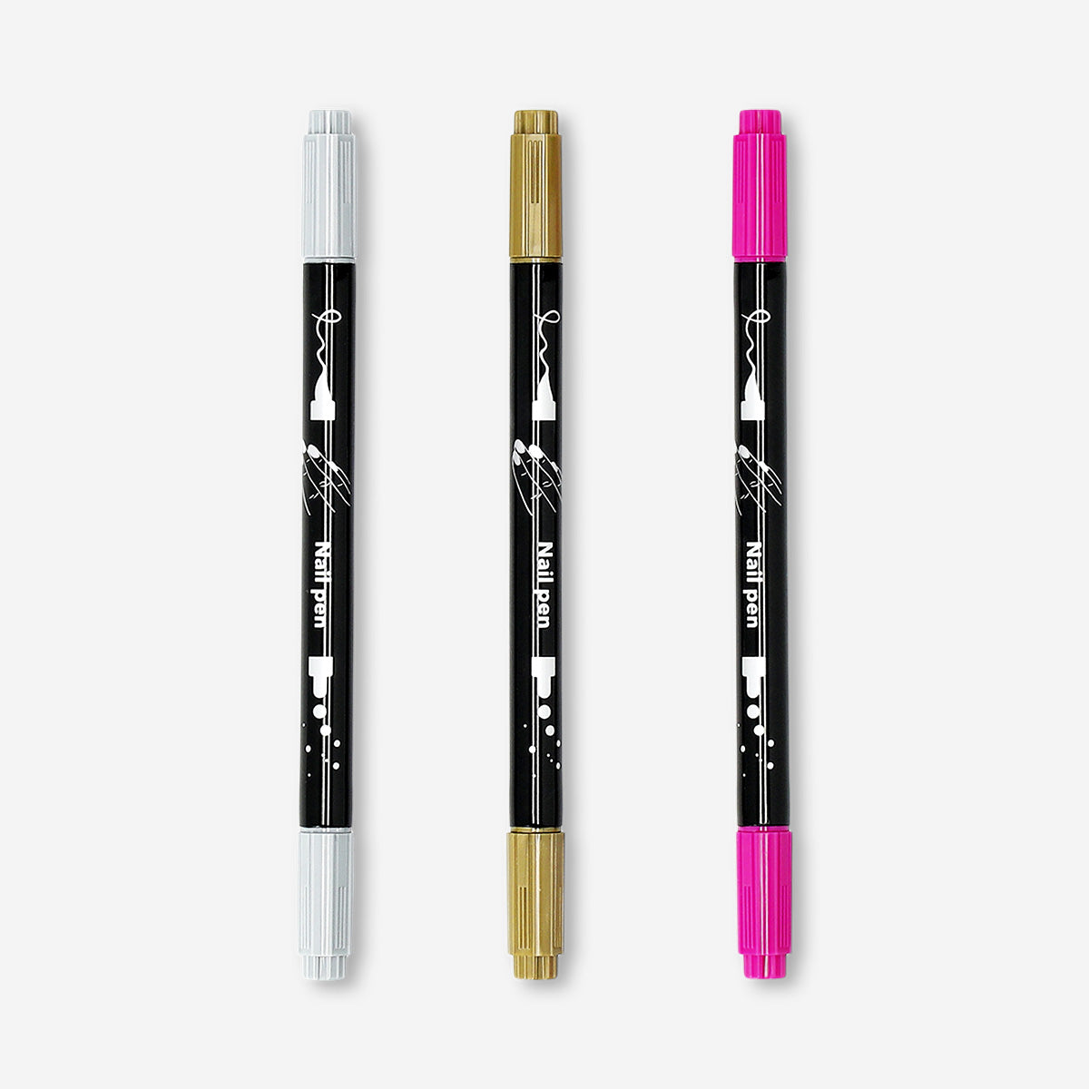 Three Flying Tiger Copenhagen nail pens for personal care, featuring colorful, precise applicators for nail art and grooming.