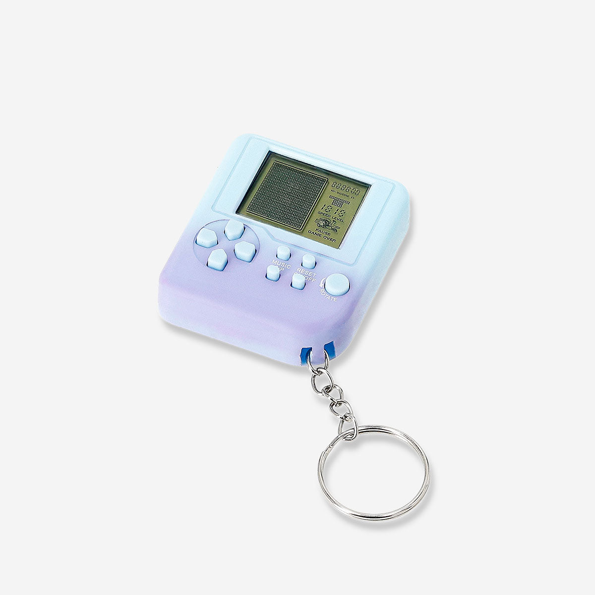 Flying Tiger Copenhagen mini game machine keyring with colorful buttons, featuring multiple small games, portable gadget accessory.