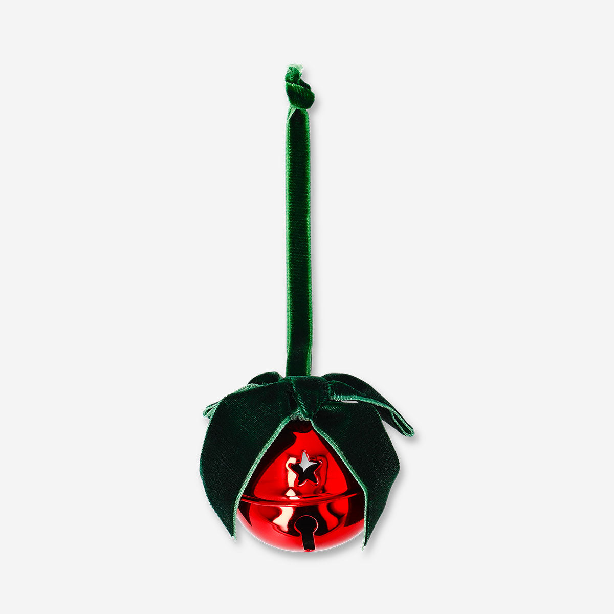 Flying Tiger Copenhagen Christmas bell with green bow, festive home decoration featuring a shiny metal bell and decorative ribbon.