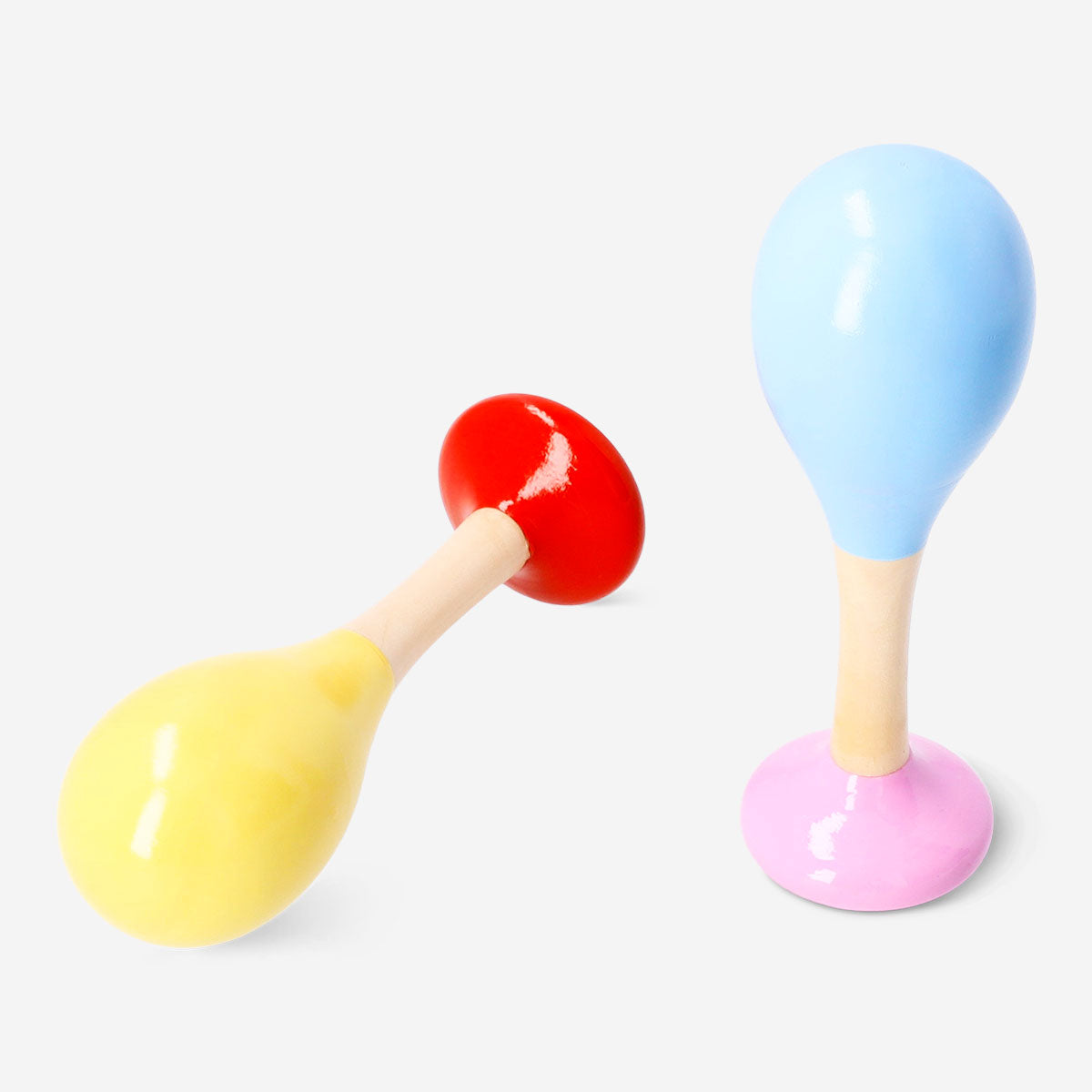 Pair of wooden maracas toy from Flying Tiger Copenhagen, colorful percussion instruments for kids' musical play.