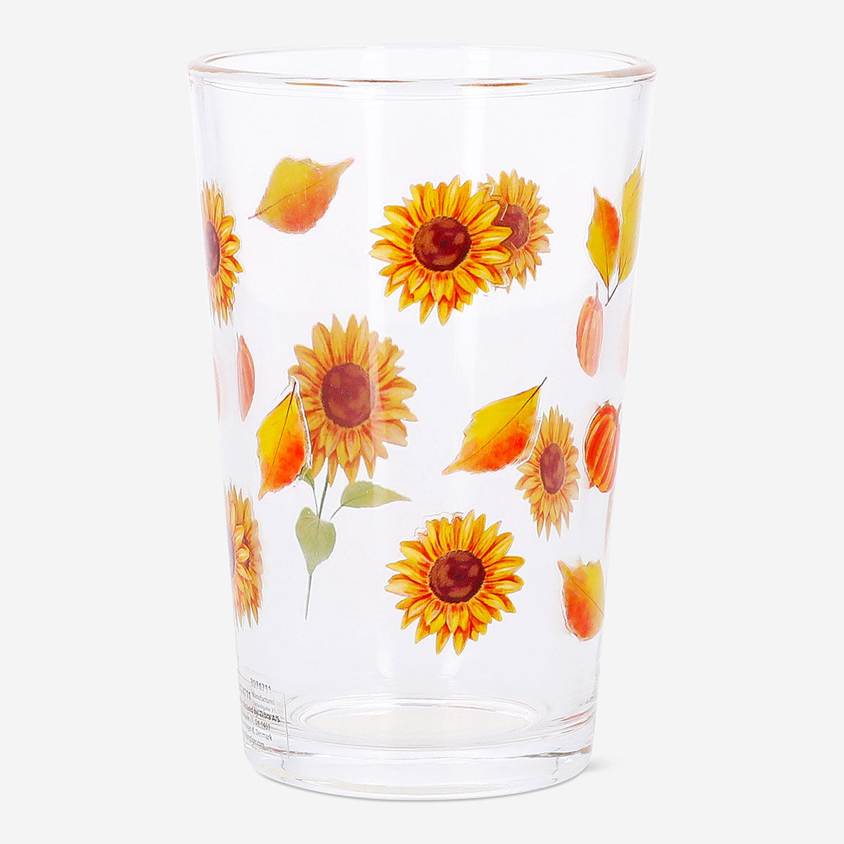 Clear 220ml drinking glass with sunflower print, ideal for kitchen use, by Flying Tiger Copenhagen.