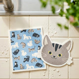 Set of two Flying Tiger Copenhagen cat-themed kitchen cloths featuring colorful cat designs for cleaning and kitchen use.