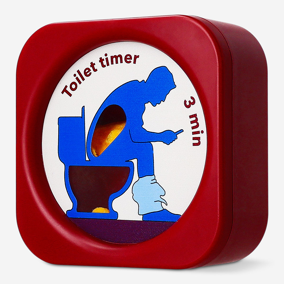 Flying Tiger Copenhagen toilet timer gadget, small device with digital display for monitoring bathroom usage and timing.