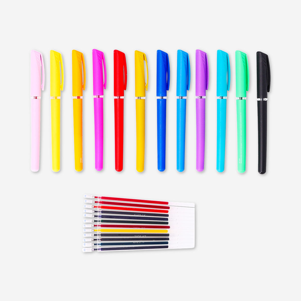Set of 12 Flying Tiger Copenhagen gel ink pens with refills, ideal for office writing and creative projects.