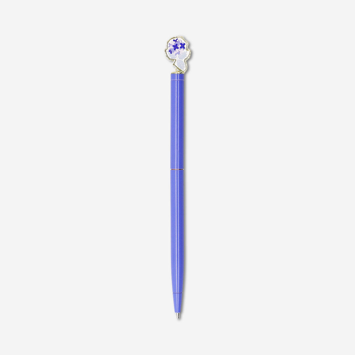 Blue Flying Tiger Copenhagen ballpoint pen with hydrangea flower topper, ideal for office writing and decorative use.