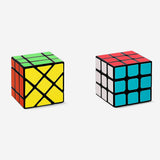 Set of 2 Flying Tiger Copenhagen IQ cubes for brain teasers and puzzle solving, featuring colorful, textured plastic surfaces.