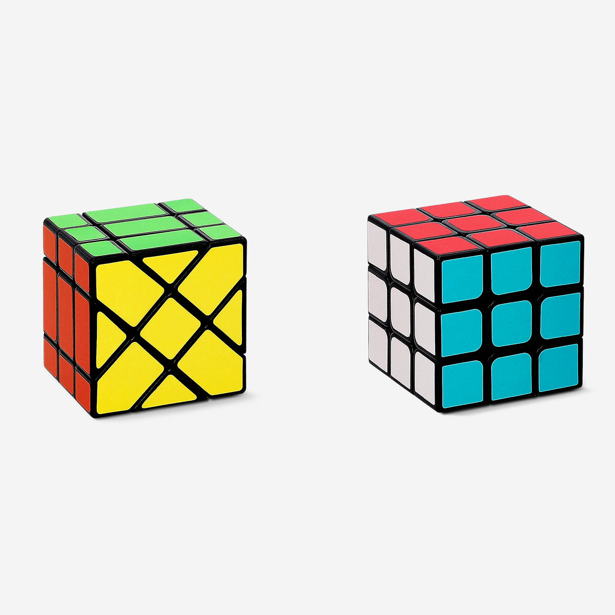 Set of 2 Flying Tiger Copenhagen IQ cubes for brain teasers and puzzle solving, featuring colorful, textured plastic surfaces.