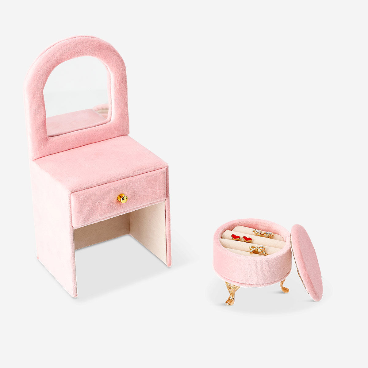 Velvet jewelry storage with mirror and stool, 23 cm, by Flying Tiger Copenhagen, featuring a stylish, compact home organization piece.