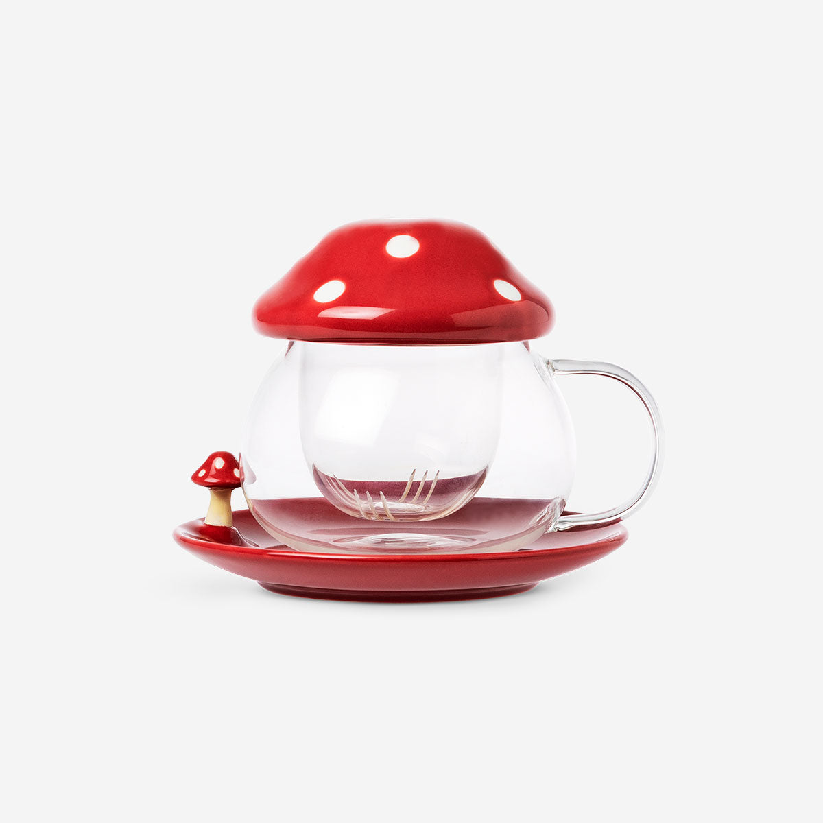 Flying Tiger Copenhagen mushroom tea mug with lid and saucer, 400 ml, ceramic kitchen set for hot beverages.