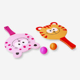 Beach tennis game set featuring colorful cat character paddles and balls, ideal for outdoor fun and beach activities.