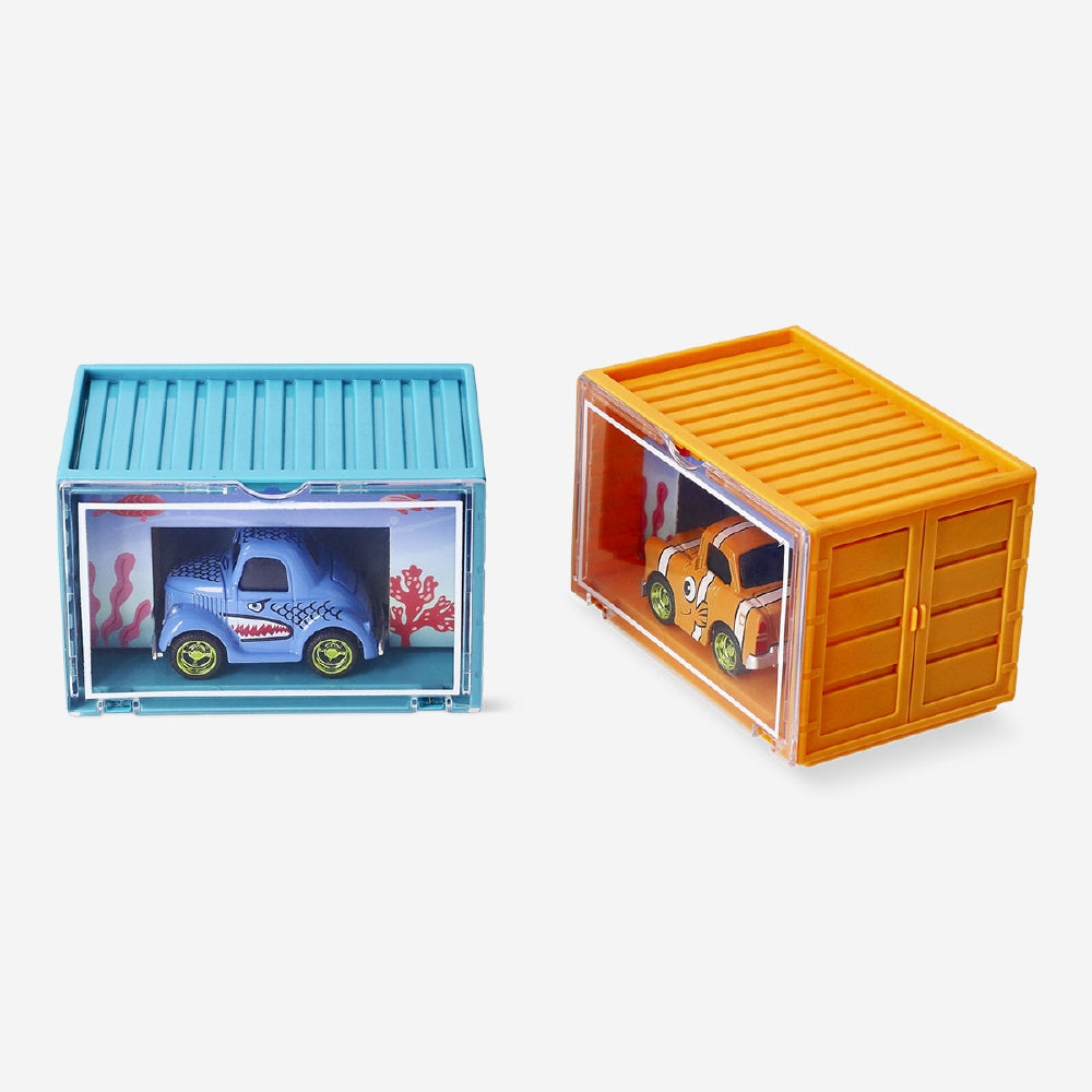 Collectible diecast toy cars in a box from Flying Tiger Copenhagen, featuring assorted mini cars in a surprise package.