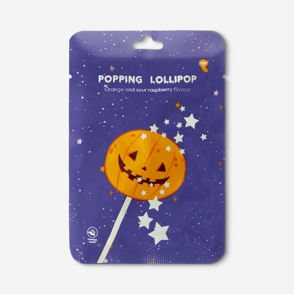 Flying Tiger Copenhagen popping pumpkin lollipop with sour raspberry flavor, showing bright orange pumpkin-shaped candy on a stick.