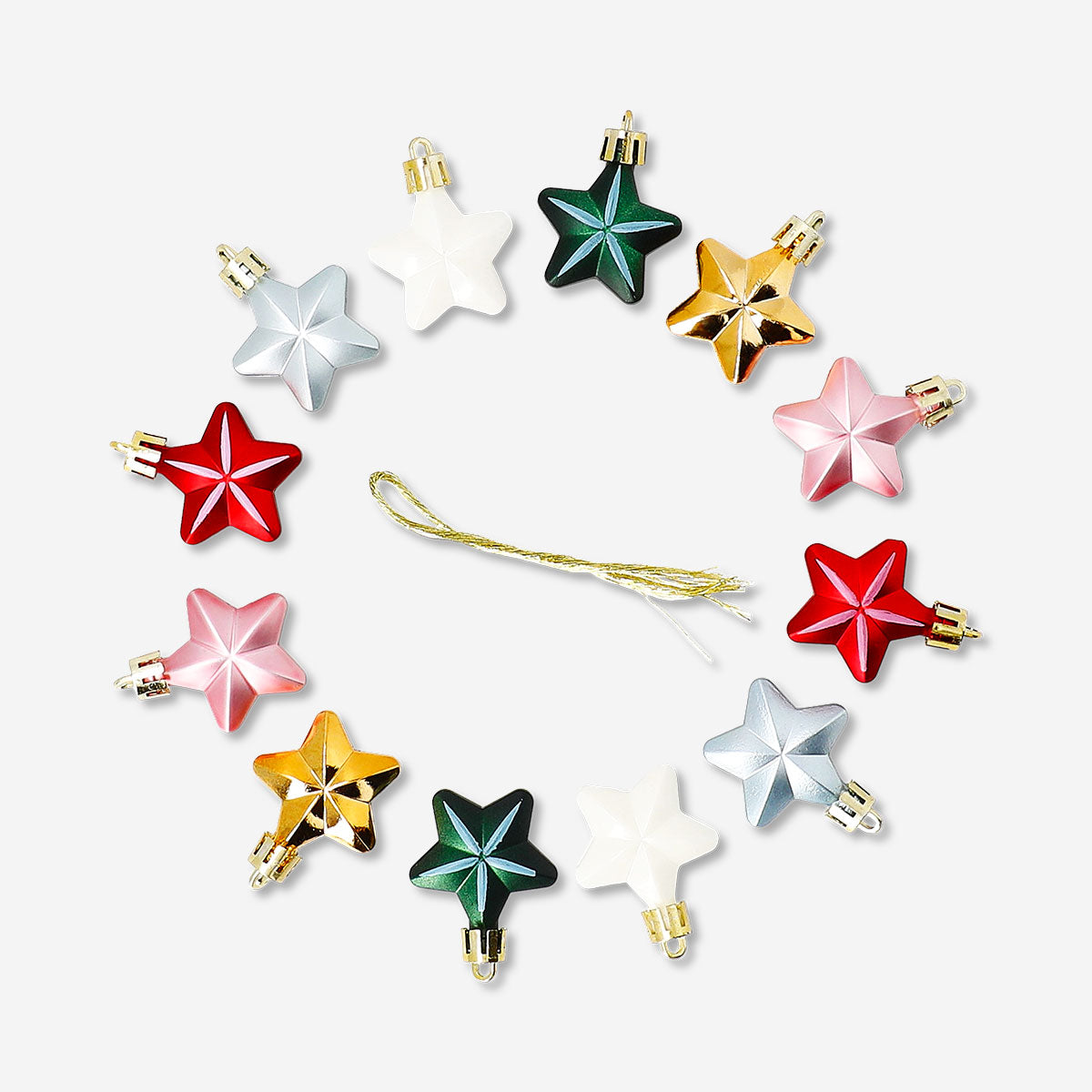 Set of 12 Flying Tiger Copenhagen star-shaped decorative baubles for home decor, featuring colorful and shiny finishes.