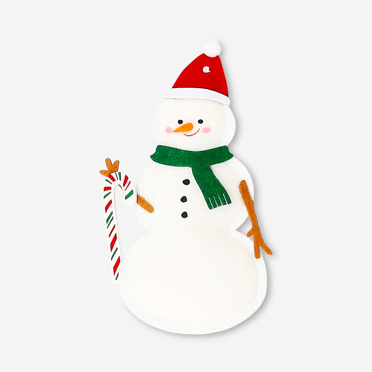 Felt snowlady hanging ornament from Flying Tiger Copenhagen, decorated for winter, with a red scarf and cheerful facial expression.