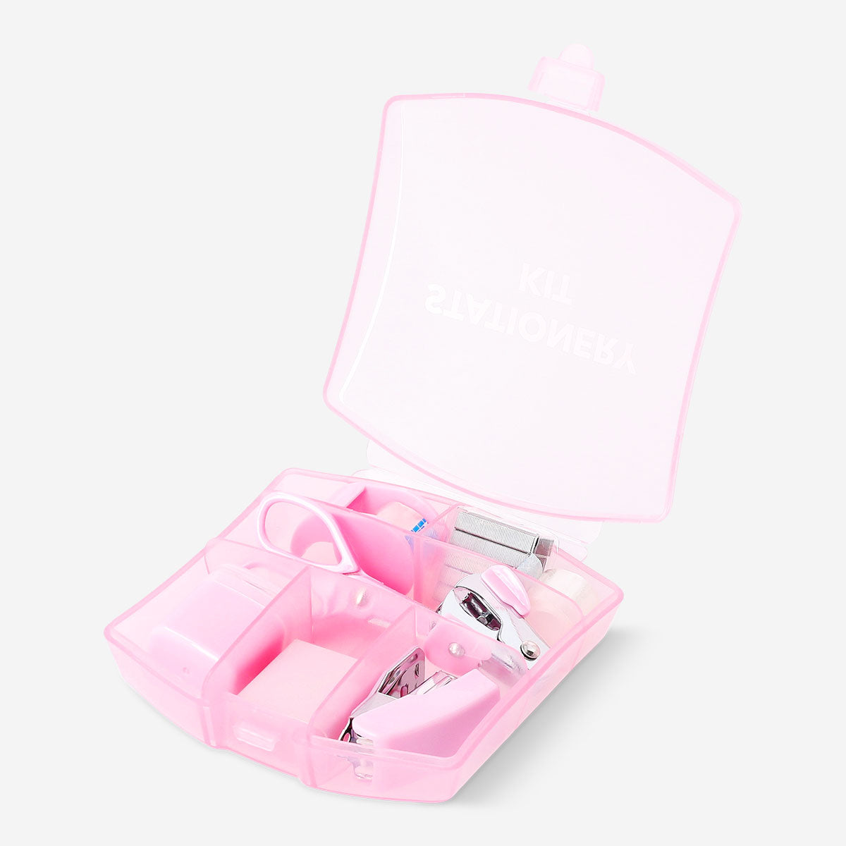 Pink Flying Tiger Copenhagen stationery kit with pens, notebooks, and office supplies arranged on a desk.