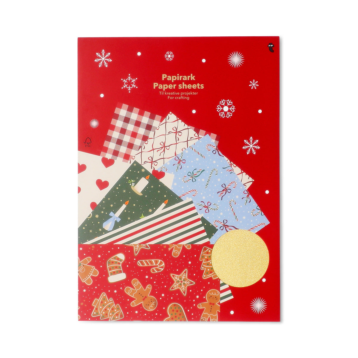 Assorted Christmas print crafting paper sheets for hobbies by Flying Tiger Copenhagen, featuring festive holiday designs.