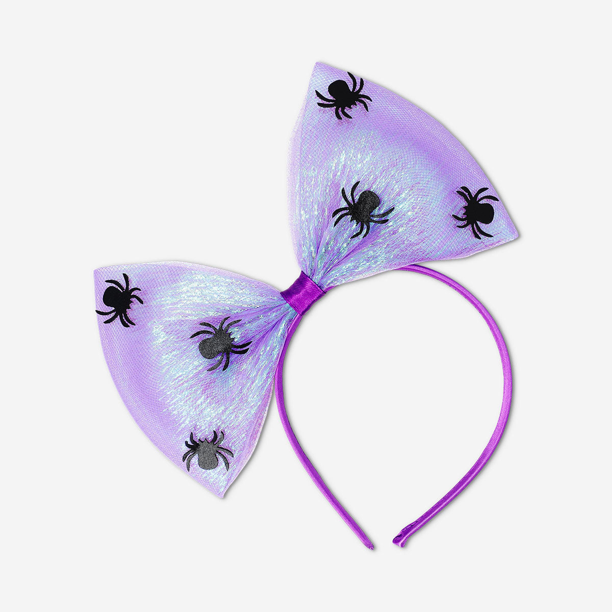 Iridescent kids' party hairband with black spider decorations, featuring a shiny, colorful design perfect for Halloween or costume parties.